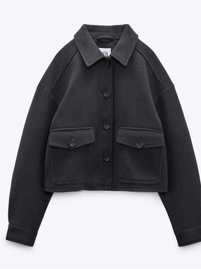 Zara Black Cropped Pea Coat with Flap Pockets